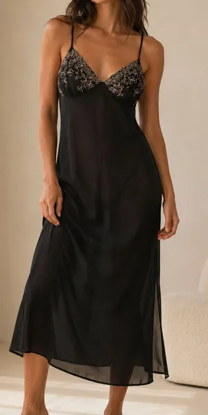 80s Sheer Chiffon Lace Slip Dress Midi Lingerie Sz M Romantic Soft Goth Coquette thumbnail 1
