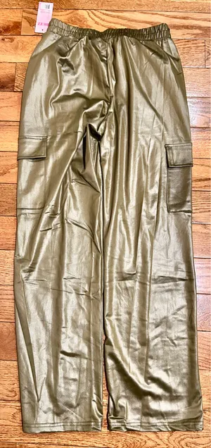 BUZZ FASHION Cargo Wide Leg PULL-ON SATIN Effect heigh waisted stretchy pants L thumbnail 12