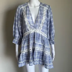 Free People Boho Lace Crotchet Plaid Puff Sleeve Top thumbnail 2