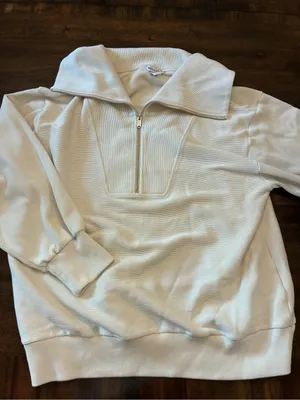Athleta Ottoman Rib 1/4 Zip Sweatshirt Women’s Large Quarter Pullover Bone Cream thumbnail 1