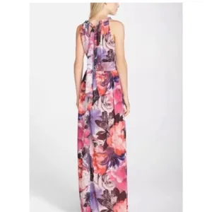 Womens Eliza J Floral Pastel Watercolor Chiffon High Neck Halter Maxi Dress - 2 thumbnail 2