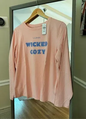 L.L Bean Size Medium Coral Pink And Blue WICKED COZY Long Sleeve Top thumbnail 2