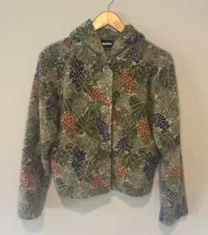 DUFFEL Made in‎ America Long Sleeve Hooded Button Up Grape Print Sweater Small thumbnail 1