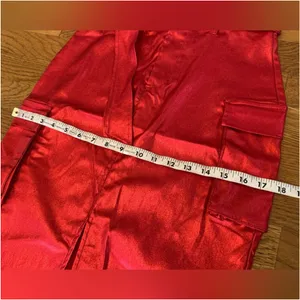 Metallic red strapless midi dress featuring a matching belt and a front slit thumbnail 10