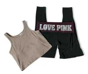 Y2K Victoria's Secret‎ PINK Ribbed Crop Tank and Sequin Foldover Leggings Set S thumbnail 1