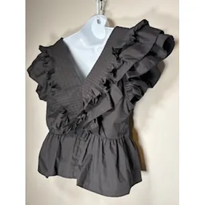 Entro Black Ruffled Peplum Top V-Neck Smocked Pleated‎ Blouse Size Large Chic thumbnail 5