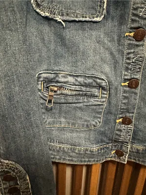 Blue Asphalt Vintage Denim Jacket Large Embroidered Flower Plaid Trim Y2K Cut thumbnail 4