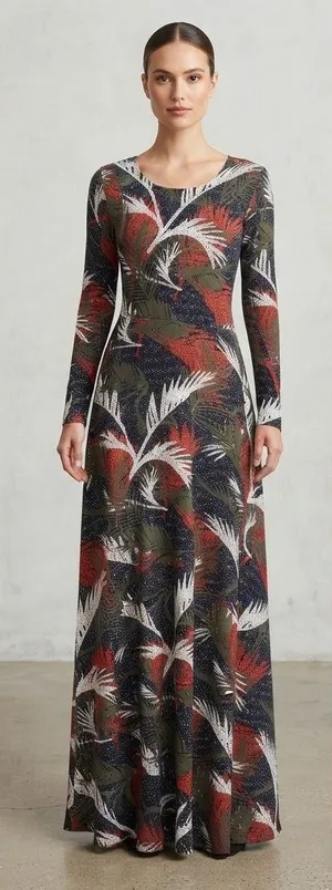 Pia Colors Maxi Dress S Multicolor Tropical Leaf Print Open Back Long Sleeve thumbnail 1