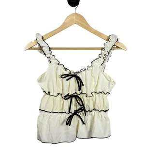 Sugarkiss Women’s Contrast Trim Ruffle Bow Top Ivory/Black Size L thumbnail 8