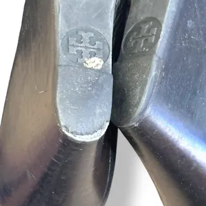 Tory Burch Sally Black‎ Pebbled Leather Wedge Peep Toe Pumps Gold Medallion Logo thumbnail 7