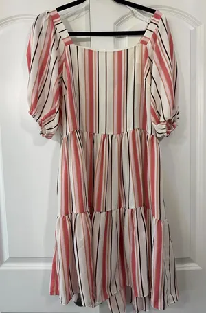 Danny & Nicole Pink and Cream Striped Tiered Midi Dress thumbnail 1