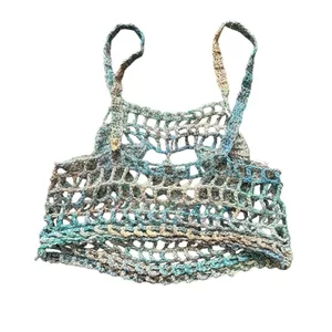 Handmade Crochet Knit Star Pattern Crop Tank Top Swim Cover Multicolor Blue Yellow thumbnail 2