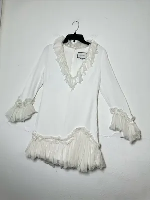 Alexis Barbara Azura Ivory Bell Long Sleeves V-Neck Ruffle Mini Dress Boho Sz M thumbnail 3