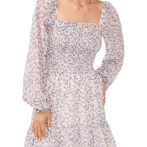 NWT 1.State Purple Floral Long Blouson Sleeve Smocked Ruffle Hem Dress thumbnail 7