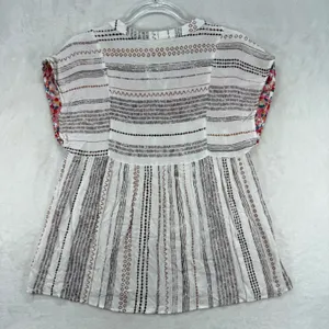 Savanna Jane Floral Peasant Top Boho Tunic Tie Neck‎ White Brown Size S thumbnail 6