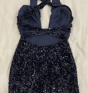 Juniors Navy Blue Sequin Halter Dress - New thumbnail 2