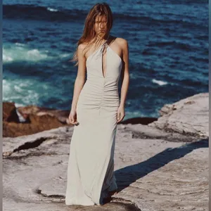 NEW Zara LONG Ruched Keyhole DRAPED HALTER Maxi DRESS Gown Size XS thumbnail 5