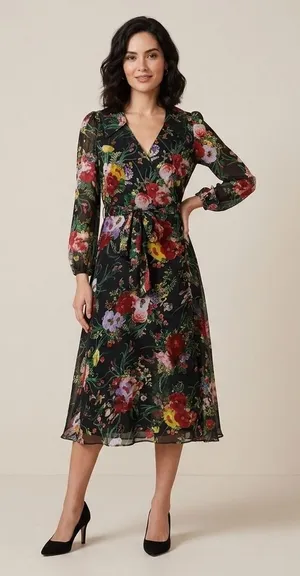 Alice + Olivia Abney Midi Wrap Dress Viscose Silk Black Floral Burnout Size 0 thumbnail 1