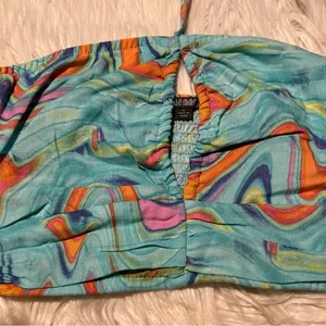 Wild Fable Women's Size XS Swirl Marble Halter Crop Top Aqua Blue Woven Smocked thumbnail 5