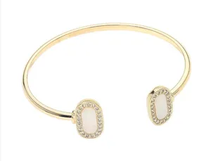 14k Gold Pave Rim Mother Of Pearl Oval Tip Cuff Bracelet thumbnail 1