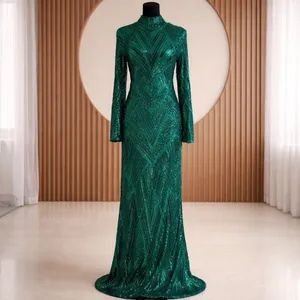 Emerald Green Sequin Geometric Chevron Maxi Dress Long Sleeve Mock Neck Gown thumbnail 4