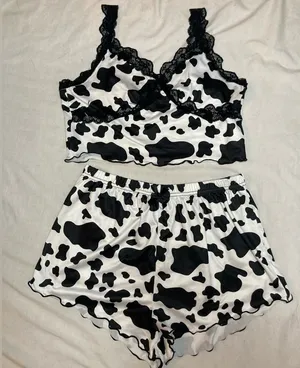 Black and White Cow Print Lace Trim Sleepwear Set Size XS (Tagged M) thumbnail 1