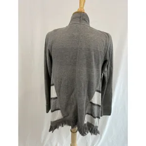 Saturday/Sunday Anthropologie‎ Cardigan Sweater XS Gray White Elise Open Fringe thumbnail 4