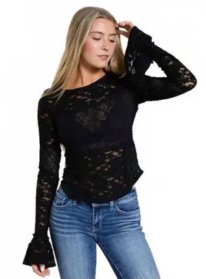 Free People Black Lace Bell Cuff Long Sleeve Top thumbnail 1