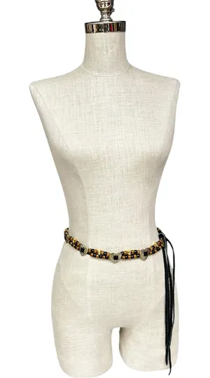 Vintage Beaded Leather Wrap Tie Belt Hearts Western Boho Waist Belt thumbnail 1