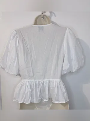 Playa Lucila White Puff Sleeve Peplum Tie Front Blouse S thumbnail 6