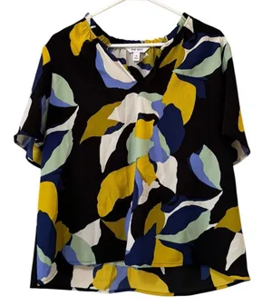 Nine West Women‎ Sz XL V Neck Short Sleeve Blouse Lightweight Polyester Colorful thumbnail 1
