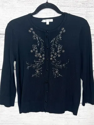 Spense Black Cardigan with Metallic Beaded Floral Embellishment Size Medium thumbnail 1