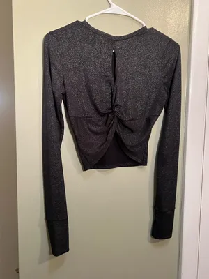 Open Edit Women's Size XXS Long Sleeve Athletic Top Gray Metallic Open Back Crop thumbnail 5