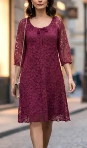 Garnet Hill Lace Dress Women 14 Burgundy Floral Leaf Scoop Neck 3/4 Sleeve Shift thumbnail 1