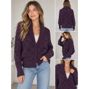 Free People Sweater Cardigan Wool Blend 4 Snap Purple Open Weave Chunky Knit M thumbnail 2