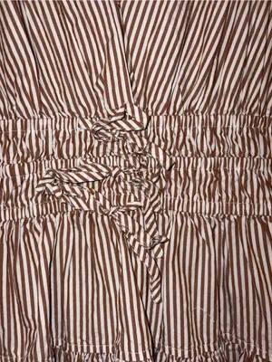 Nicole Miller Brown White Striped V-Neck Tiered Romper Dress Cap Sleeve Smocked thumbnail 6