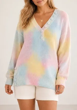 LoveShackFancy Naveen Alpaca Blend Pastel Tie Dye V-Neck Oversized Cozy Sweater thumbnail 1
