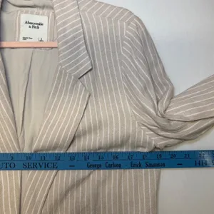 Abercrombie &‎ Fitch Womens L Tan White Striped Linen Blend Open Front Blazer thumbnail 8