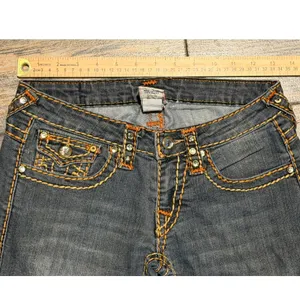 True Religion Joey Super T Straight Leg Jeans Orange‎ Yellow Stitch BLING Y2K 26 thumbnail 7