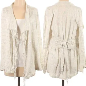 FREE PEOPLE FP Take a Bow Cardigan Oatmeal Cream Fringe Bow Detail Boho Sweater thumbnail 3