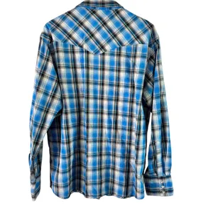 Wrangler Western Snap Shirt Plaid Long Sleeve Cowboy Blue White‎ Silver Treaded thumbnail 2