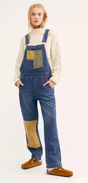 $128 We the Free Free people Carpenter Patched Dungarees jean overalls S thumbnail 1