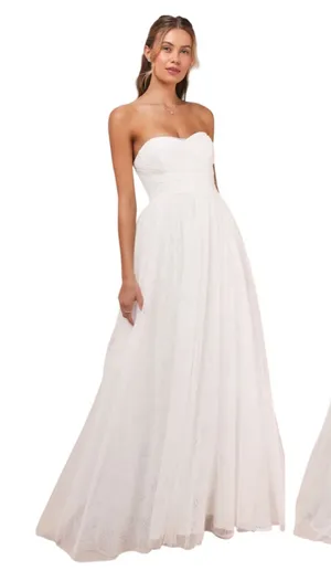 Lulus Blissful Forever White Tulle Lace Strapless Pleated Maxi Dress size S NWT thumbnail 1