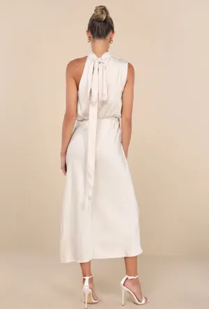 Lulus Champagne Crinkle Satin Mock Neck Sleeveless Midi Dress thumbnail 3