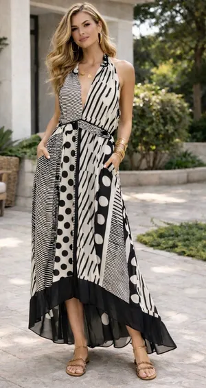 Anthropologie Maeve Halter Maxi Dress‎ Dot Stripe High Low 4 Easter Modern Boho thumbnail 1