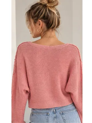 LA MIEL Dusty Rose Pink Knit Sweater Cropped Boat Neck Long Sleeve Small NWT thumbnail 3