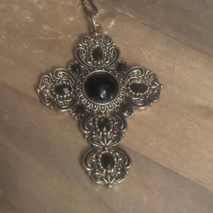 Gold tone black cabochon fancy cross pendant necklace thumbnail 3