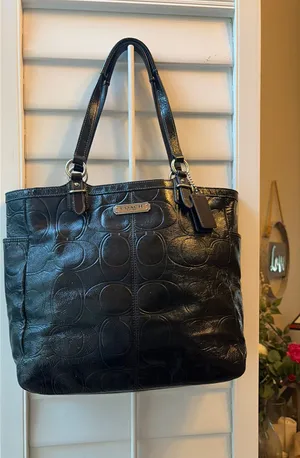 Coach Black Leather Signature Embossed Tote thumbnail 1