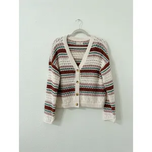 Lucky Brand Striped Crochet Open Knit Cardigan Sweater Size L thumbnail 2