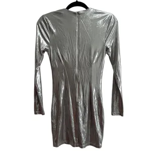 NEW NWT Gwen Long Sleeve Draped Neck Mini Dress In Silver Metallic thumbnail 5